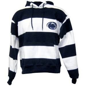 navy and white striped rugby hooded sweatshirt with Penn State Athletic Logo